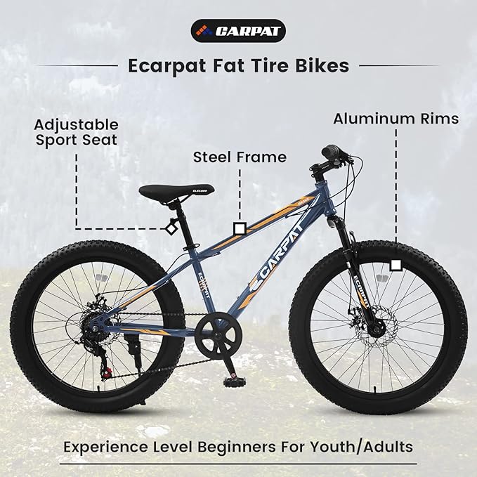 20/24/26 Inch Fat Tire Mountain Bike Variable Speed Dual Disc Brake Kids Adult Free Return