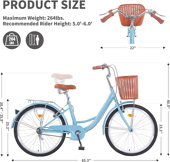 Adult Comfort Bike for Women, 24/26 Inch Women' Commuter Bicycle Single Speed with Rear Rack and Basket, Comfortable City Bikes Ergonomic Upright Design for Women, Men and Teens