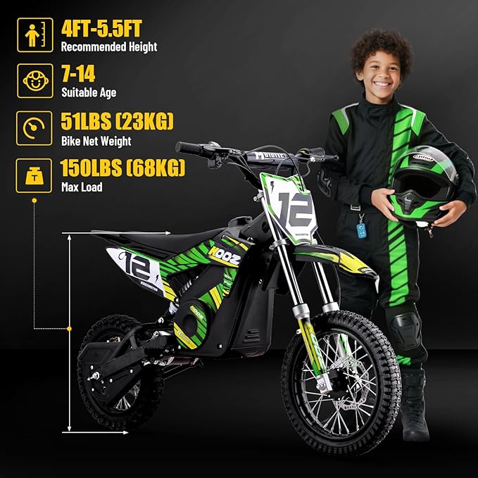 KOOZ HP112E PRO 36V 1000W Electric Dirt Bike for Kids, 3 Speed Modes Teen Electric Motorcycle Up to 20.6 MPH& 19 Miles Long-Range, Dual Suspension & Disc Brake, 16" Sturdy Tire