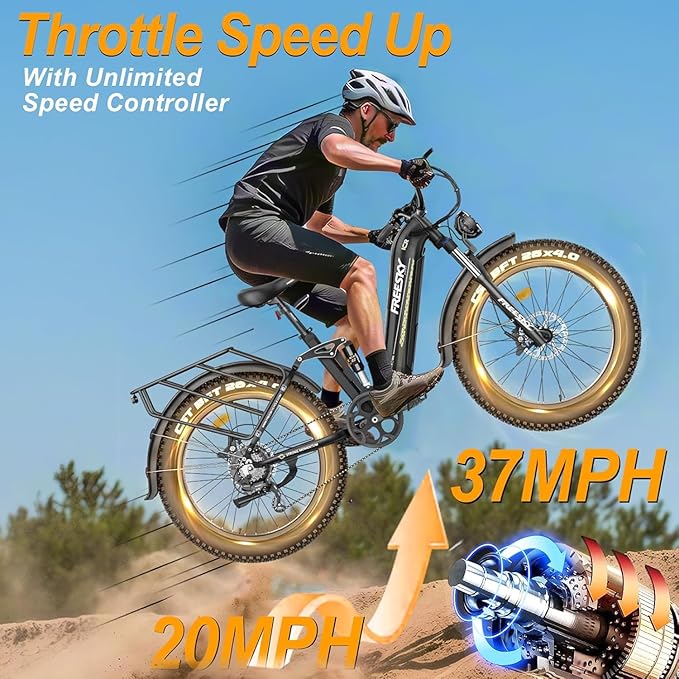 FREESKY Wildcat Ultra 3000W Electric Bike for Adults 105mile Long Range Step-Thru Ebike Motor 37MPH Dirt E Bike 25Ah Samsung Battery 26'' Fat Tire Electric Bicycle Full Suspension for Commute