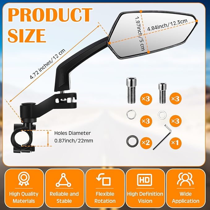 Hestya 1 Pair Handlebar Bike Mirror 360° Rotatable and Adjustable Universal Fit Rearview Bicycle Mirrors Glass Lens Safe Cycling Accessories for Scooter, E-bikes, Mountain Bikes, Road Bicycles