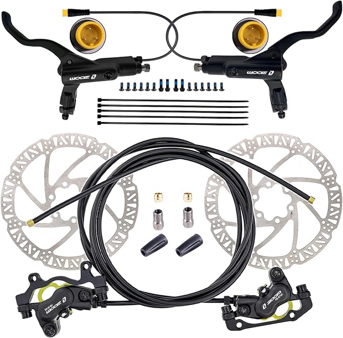 Zoom HB876E 2-PIN/3-PIN 4-Pistons E-Bike Electric Power-Off Hydraulic Brake Set with 180mm Rotors, Pre-Bled Hydraulic Disc Brake Caliper Lever for eBike (Included Mounting Adapter)