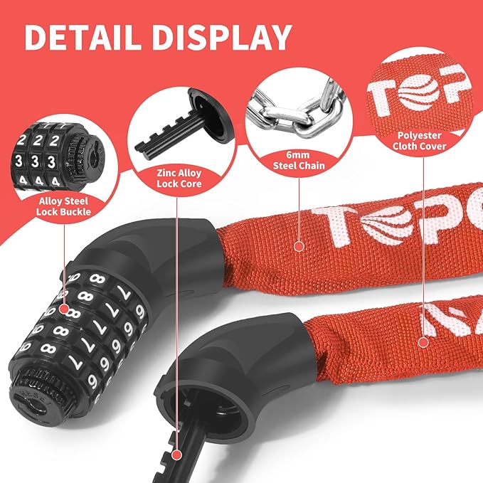 Bike Chain Lock 3.2Ft Long High Security Heavy Duty Anti Theft, 5 Digit Combination Resettable Keyless Bicycle Lock for Bike/Electric Scooter/Ebike/Motorcycle(Red)