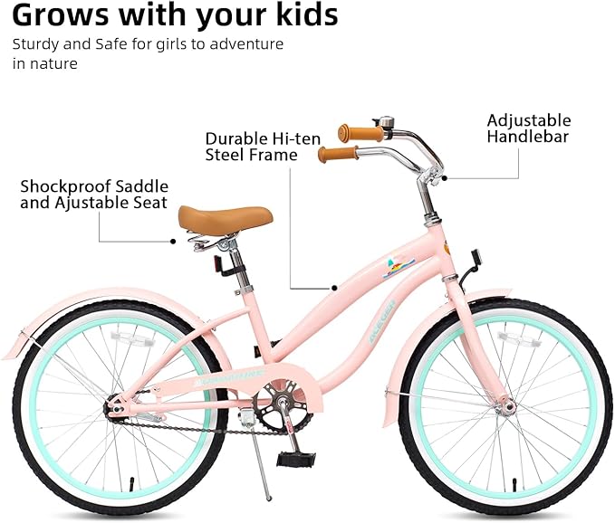 ACEGER Girls Beach Cruiser Bike for Kids 5-13 Years Old, 16" 18" 20" 24" Single Speed Kids Bicycle Included Coaster Brake, Front and Rear Reflectors, 24" 7 Speeds with Dual Brakes