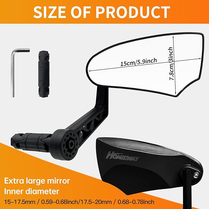 Bike Mirror for Handlebar Mount, HD Glass Bicycle Mirrors, Adjustable Bar End Bike Rear View Mirror, Scratch Resistant Bike Mirror for E-bike, City Bikes (Right 0.59-0.78")