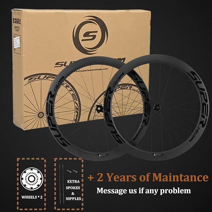 Superteam Carbon Wheelset Disc Brake 700c Road Bike Wheels 45/50/53mm Depth Tubeless Ready Cycling Wheels, for 8-12 Speed Center Lock / 6 Bolt, Thru Axle/QR Type