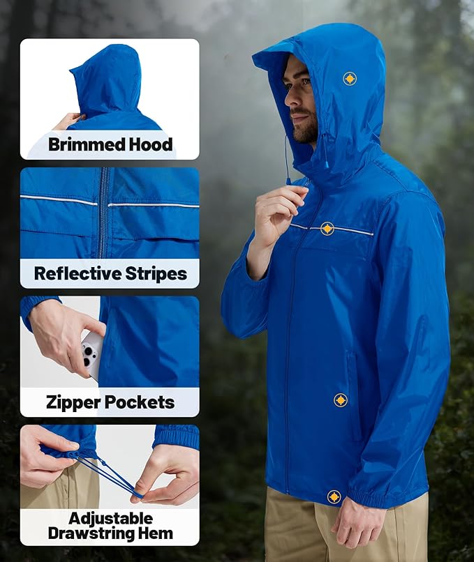 SWISSWELL Mens Rain Jacket & Coats Packable Lightweight Waterproof Windbreaker Hooded for Golf Cycling Hiking
