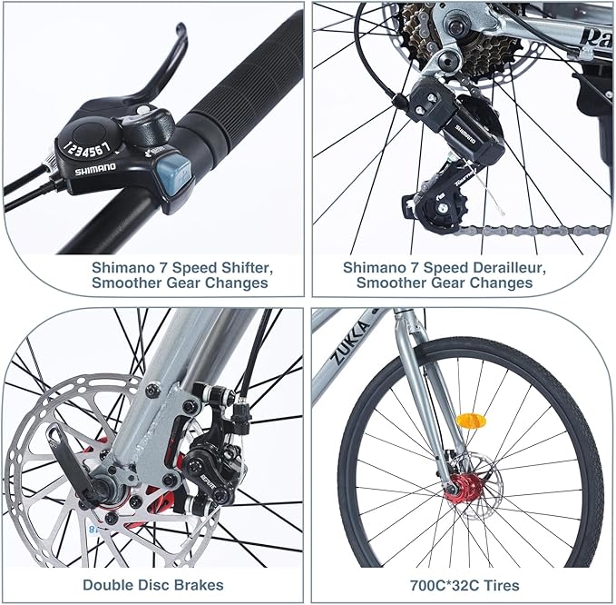 700C Road Hybrid Bike City Commuter Bicycle with 7 Speed/Front and Rear Disc Brakes/Steel Frame for Men Women Adult Available in A Variety of Colors