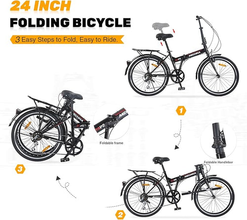 24 inch Folding Bike 7 Speed V Brake City Commuter Bicycle with Mudguard for Men Women Daily Commuting Gray/Black/White
