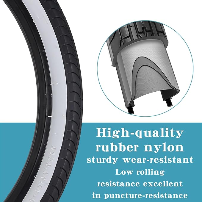 SIMEIQI 26x2.35 20x2.35 Inch Cruiser Beach Bike Tire Black White Wall or Brown Cream Wall Folding Replacement Bicycle Tire for Hybrid City Commuter Trail