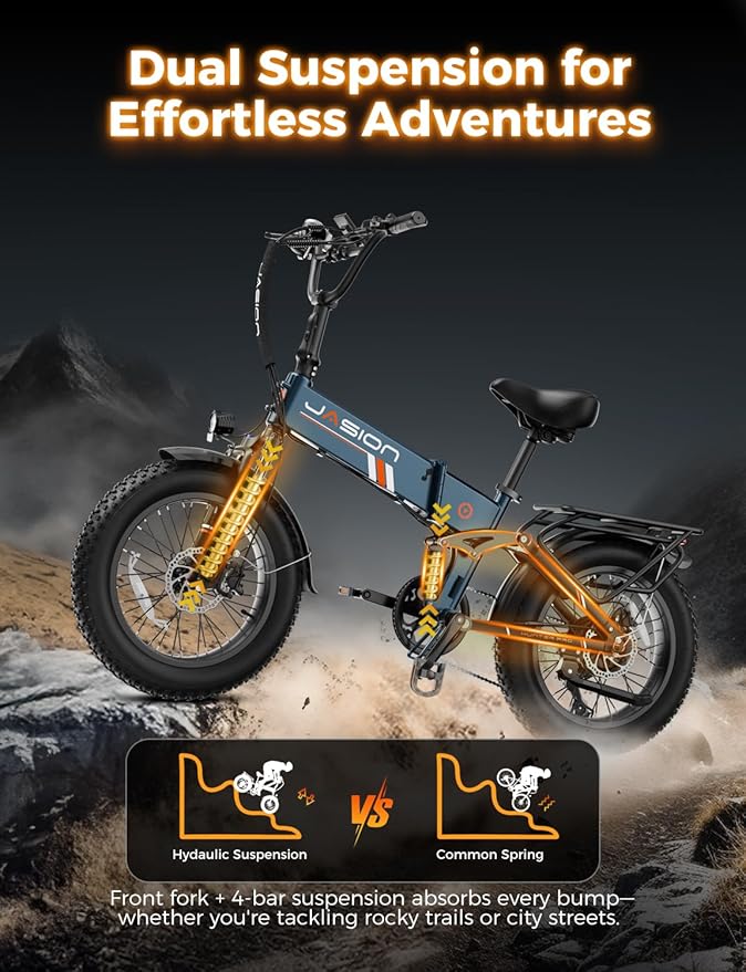 Jasion X-Hunter ST/PRO Foldable Electric Bike for Adults with 20'' Fat Tire,Up to 71-80 Miles Range Ebike,1800W/1400W Peak Motor,30+MPH E Bike,Full Suspension&Dual Hydraulic Disc Brakes Bicycles