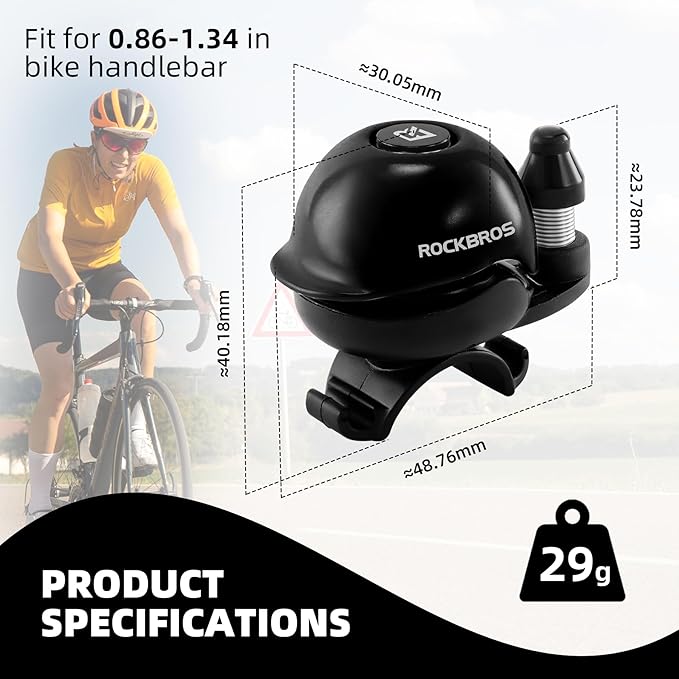 ROCKBROS Classic Bike Bell Bicycle Bell Mountain Bike Bells 80dB, Aluminum Alloy Rotatable Base, Fit for 0.86-1.34in/22-34mm Bicycle Handlebars