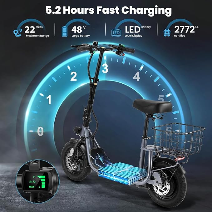 Caroma Peak 1200W/800W Electric Scooter with Seat, 30 Miles Max Range, Electric Scooter Adults, Up to 20MPH Foldable Escooter with Basket,Key Start Adjustable E-Scooter