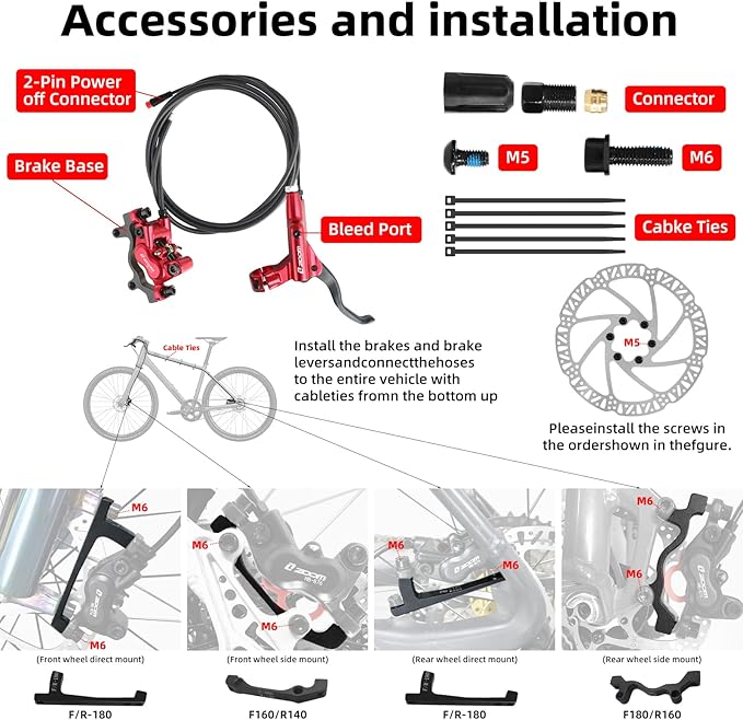 Z00M HB876E 2-PIN 4-Pistons E-Bike Electric Power-Off Hydraulic Brake Set, Pre-Bled with Mineral Oil Brakes Kit for eBike, Mountain Bike, Road Bike