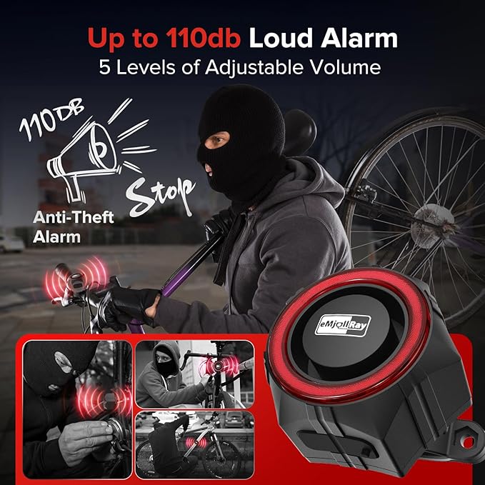 Bike Alarm,110dB Loud Waterproof Wireless E-Bike Alarm with Remote,Anti Theft Alarm Adjustable Volume Motorcycle Wireless Motion Sensor Alarm for Bicycle, Ebike,Ebike Accessories