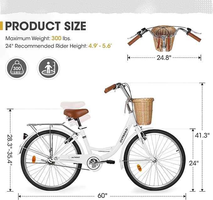 Outroad Beach Cruiser Bike, 24/26 inch Commuter Bicycle for Adult and Women,High-Carbon Steel Comfortable City Bikes with Rear Rack and Basket, (Black/Pink/White/Green/Purple)