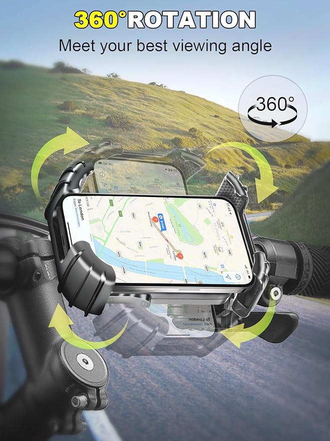 Motorcycle Phone Mount,Handlebar Phone Holder for Bike,360°Rotation,Silicone Wrapped Phone Clamp,One-Touch Quick Lock Scooter Stroller Bicycle Phone Holder,4.7- 6.8"Phones,Thick Cases Friendly