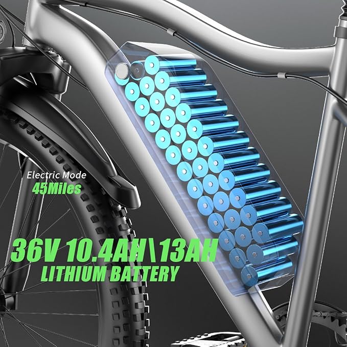 26'' Electric Bike for Adults 1200W Peak Motor 55 Miles Long Range 25MPH Commuter E-Bike with 7 Speed Gears IPX7 Waterproof Pedal Assist Electric Mountain Bicycle for Men