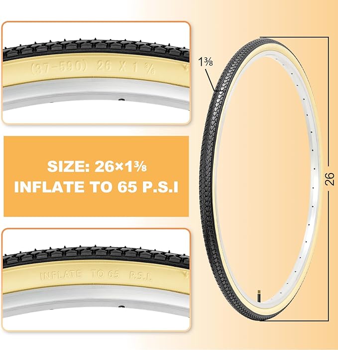 Hycline 26X1 3/8 Bike Tire Set: 2-Pack (37-590) Folding High-Density Bicycle Tires with Schrader Tubes & Tire Levers – Fits Vintage 26×1 3/8 City/Commuter Bikes