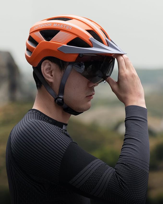 OutdoorMaster Adult Bike Helmet - Bicycle Helmet with Rechargeable Rear LED Light, Detachable Magnetic Goggles, Removable Sun Visor - Suitable for Commuting and Cycling for Men and Women