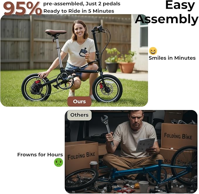 16‘’ Folding Bike for Adults, 1-Second Fold Technology, 95% Pre-Assembled Lightweight 33lbs Commuter Bicycle, 7-Speed Gear System for Men & Women, Foldable Bike for City Travel & Small Space Storage