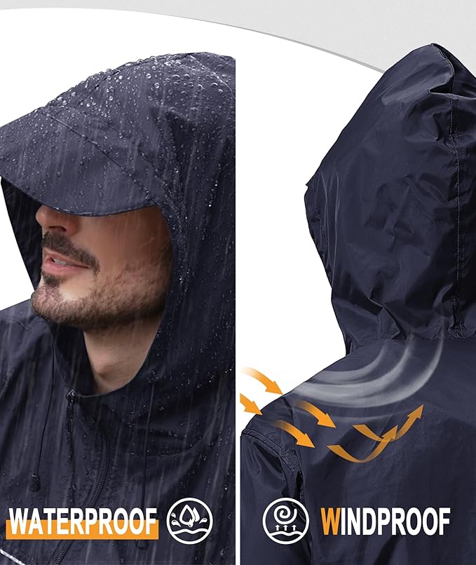 GEEK LIGHTING Rain Jacket Men Lightweight Waterproof Jackets Packable Windbreaker Hooded Raincoat for Golf Cycling Outdoor