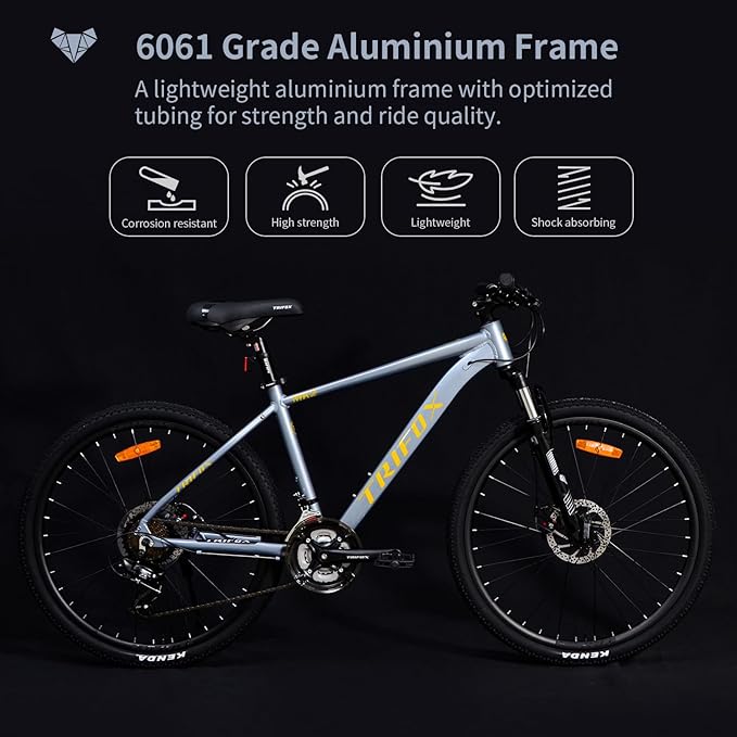 TRIFOX 26 Inch Aluminum Mountain Bike with Shimano 21-Speed,Aircraft-Grade Aluminum Frame,Dual Disc Brakes,15/17 Inch Internal Cable Routing Frame for Men Women Boys Girls