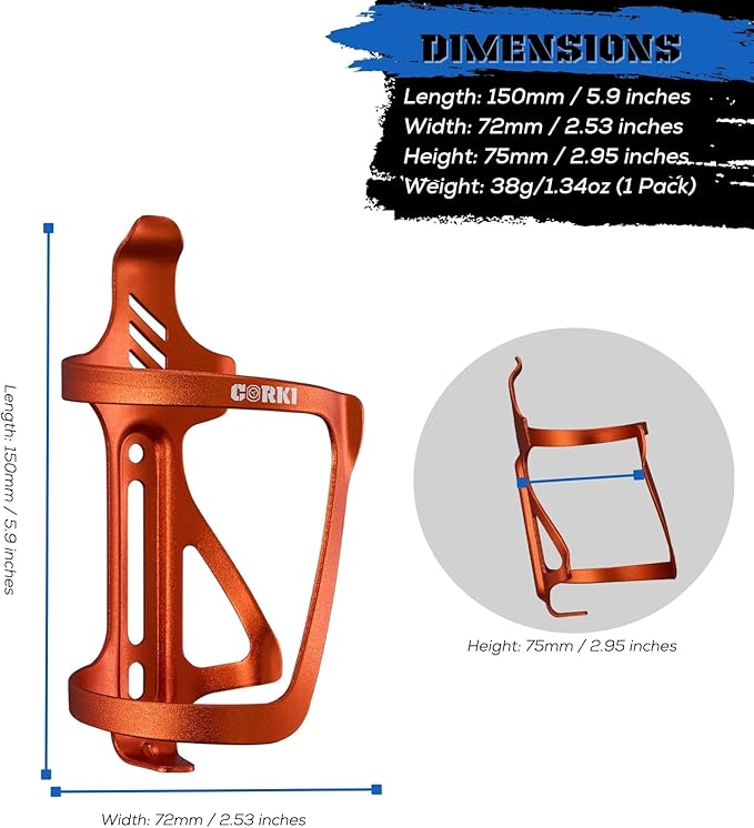 Corki Cycles Side Load Water Bottle Cage, Right and Left Entry Bike Water Bottle Holder for Road & Mountain Bikes - Left/Right Duo Pack - Orange
