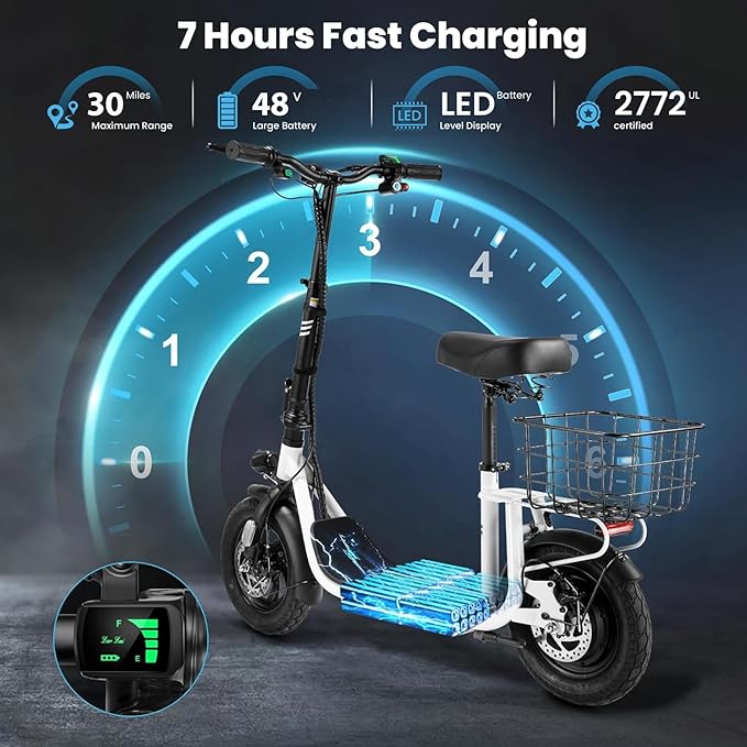 Caroma Peak 1200W/800W Electric Scooter with Seat, 30 Miles Max Range, Electric Scooter Adults, Up to 20MPH Foldable Escooter with Basket,Key Start Adjustable E-Scooter