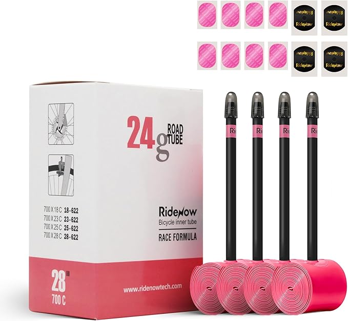 Ridenow 4-Pack Bike Inner Tube for 700/18C-28C, 700/18C-32C with 65/85 mm Metal &TPU Presta Valves for Road Bikes, Super Light Puncture Resistant Bicycle Inner Tube(Include Patch Repair Kits)