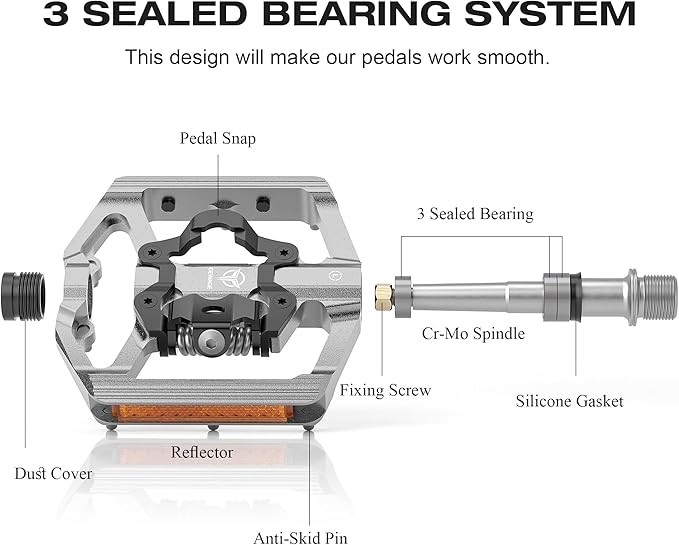 Mountain Bike Pedals with Reflector- Dual Function Plat & Clipless Pedals, Bicycle Pedal 9/16”Compatible with SPD - 3 Sealed Bearings Bicycle Platform Mountain Pedals