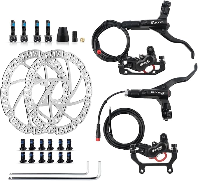 ZOOM Ebike Hydraulic Disc Brake Set: H876E 4-Pistons Power-Off Electric Bike Brake Kit with 2-PIN Sensor Included 160mm/180mm Rotors and Mounting Adapter