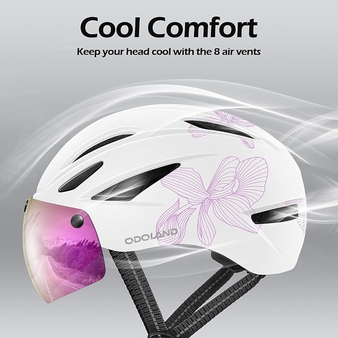 Odoland Bike Helmet with Magnetic Sun Visor for Adults, Glasses-Friendly Design Adjustable Dial Cycling Helmet for Men & Women, Urban Riding Bicycle Helmet for Mountain, Road, E-Bike, Commuting