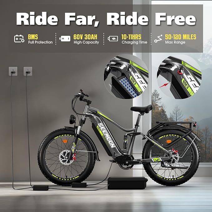 Seemoon 6000W Electric Bike for Adults,45 MPH up to 120Mile Dual Motor Ebike,60V 30Ah Battery,24" Fat Tire Electric Bicycle with Throttle Lock for Hunting Off-Road Commuter,Full Suspension E-bike