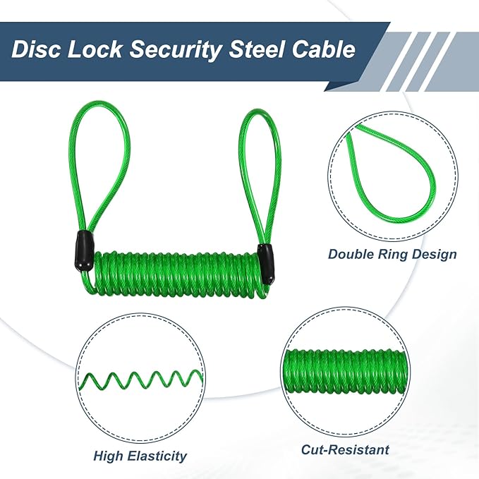 2-Pack Disc Lock Security Steel Cable, 59inch/1500mm PVC Coated Spring Reminder Wire Anti-Theft Rope for Outdoors Protection/Bicycle U-Lock, Motorcycle Reminder Cable [Green]