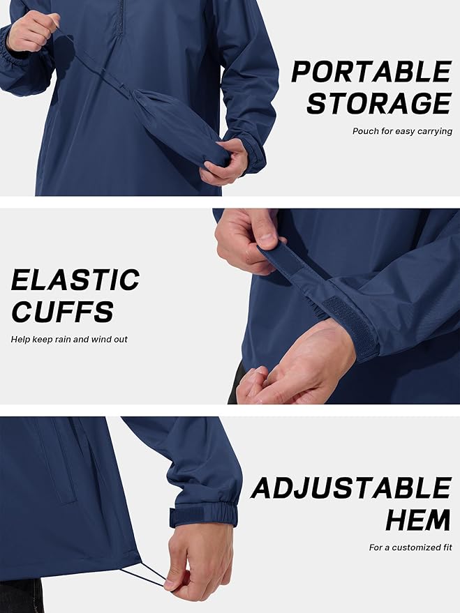 Men's Pullover Rain Jacket Waterproof Windbreaker Lightweight Packable Raincoat for Cycling Running Hiking Golf