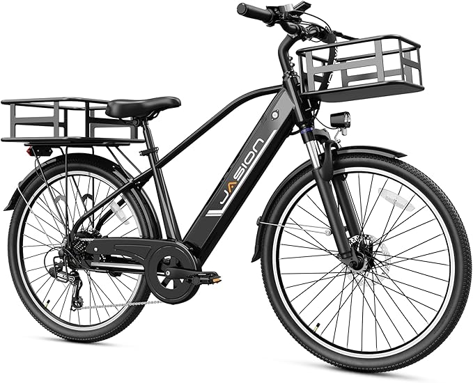 Jasion Roamer EBike for Commuting and Travel,1200W Peak Motor,28 MPH Max Speed,528WH Removable Battery Ebike, Front Suspension and 7-Speed Bicycle,Black,with Dual Disc Brake and Rear Basket