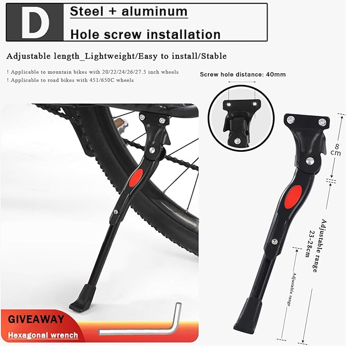 Bike Kickstand for Specialized Turbo Tero Turbo Vado Turbo Vado SL Venge Vita, Aluminum Adjustable Kickstand Foot Side Stand Suppor Rear Side Bicycle Stand with Non-Slip Rubber Foot,D