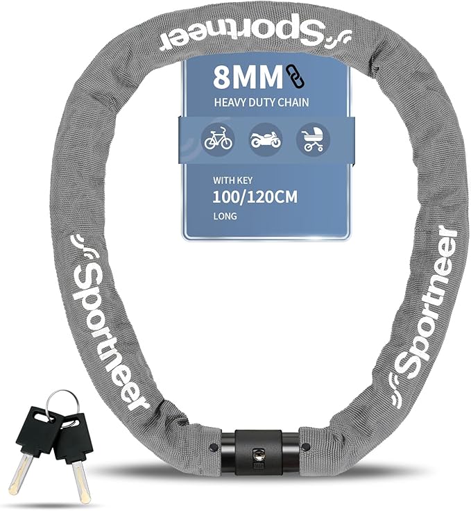Sportneer Bike Lock - 8mm Thick High Security Anti Theft Bike Chain Lock with 2 Keys- 3.2ft Long Heavy Duty Anti-Cut Bicycle Lock for Bike, Motorcycle, Bicycle, Door, Gate, Fence, Grill - Grey