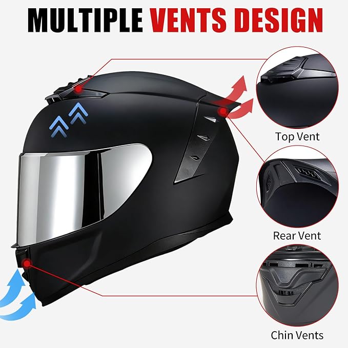 Full Face Motorcycle Helmet,Helmets for Adults Motorcycle, MG611 Motorbike Racing Street Bike Helmets with Black Visor for Men Women,DOT Approved (Matte Black-Sliver+ Mask, XL)