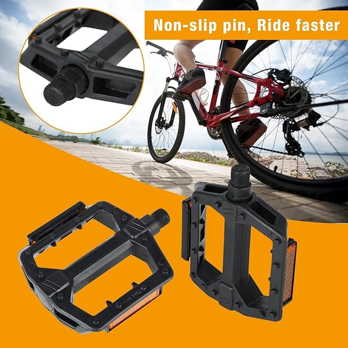 Nylon Bike Pedals with Ball Bearings, Anti-Slip Surface, Reflective Strips, One-Piece PP/Black Nylon, Boron Axle, 4.25"x4.06"x1", Standard 9/16" ≈ 0.56" Durable for MTB, Road & Commuter Bikes