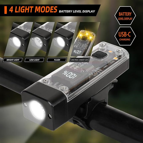 2 Pack Bike Lights Front and Back, USB-C Rechargeable Bicycle Lights Front and Rear for Night Riding, Bike Headlight and Tail Light Set, IPX4 Waterproof High Lumens LED for Men Women