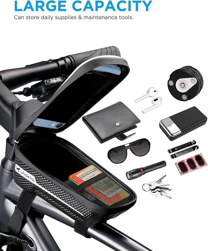 whale fall Hard Casing Bike Bag, Bike Accessories for Adult Bikes, Gifts for Men, Mens Gifts for Birthday,Bicycle Enthusiasts,Sturdy/Lighter/Waterproof, 4” - 7” Cellphone, Black-Reflective Strip