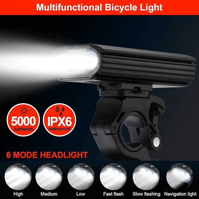 Victagen 5000 Lumens 3LED Bike Lights for Night Riding, Super Bright Front and Back Bike Headlight, USB Rechargeable, 6 Modes