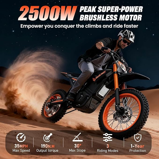 Electric Dirt Bike for Teens Adults, 3500W Peak Mid-Drive Motor with 48V/23AH Battery Ebike, 53-Mile Range, 38mph Speeds with Hydraulic Brakes & Dual Shock Absorption