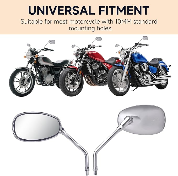 Universal Motorcycle Mirrors - M10 Chrome Oval Handlebar Rearview Mirrors Compatible with Honda Shadow MSX125 Kawasaki Vulcan Z900 Suzuki SV650 Volusia
