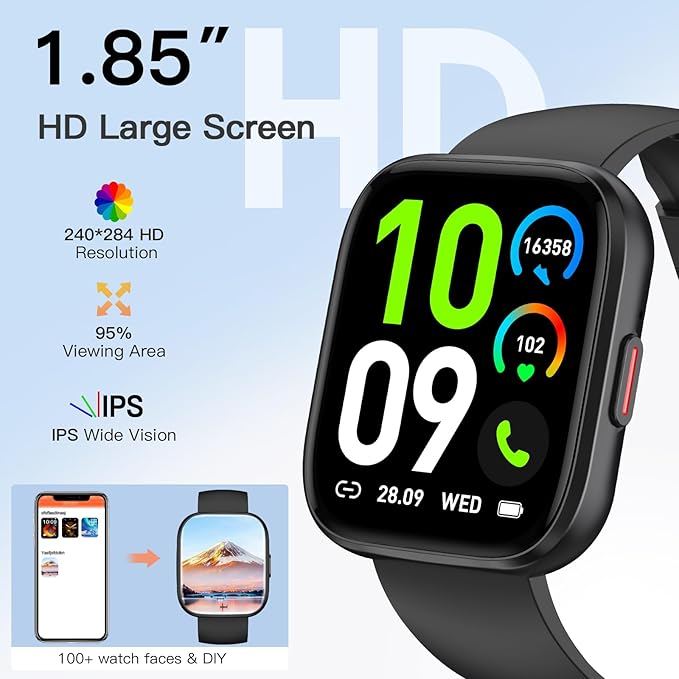 Smart Watches for Men Answer/Make Calls, 1.85'' Fitness Watch with Heart Rate/Sleep Tracker, Activity Tracker, Pedometer, Voice Control, Waterproof Smart Watch for Android iPhone (2 Straps)