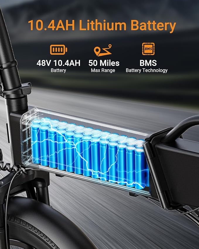 Folding Electric Bike, 48V 10.4AH Large Removable Battery E Bike, 28 MPH, 50 Miles Max Range, 20" Fat Tire Electric Bike for Adults, Adult Electric Bicycles for Commute