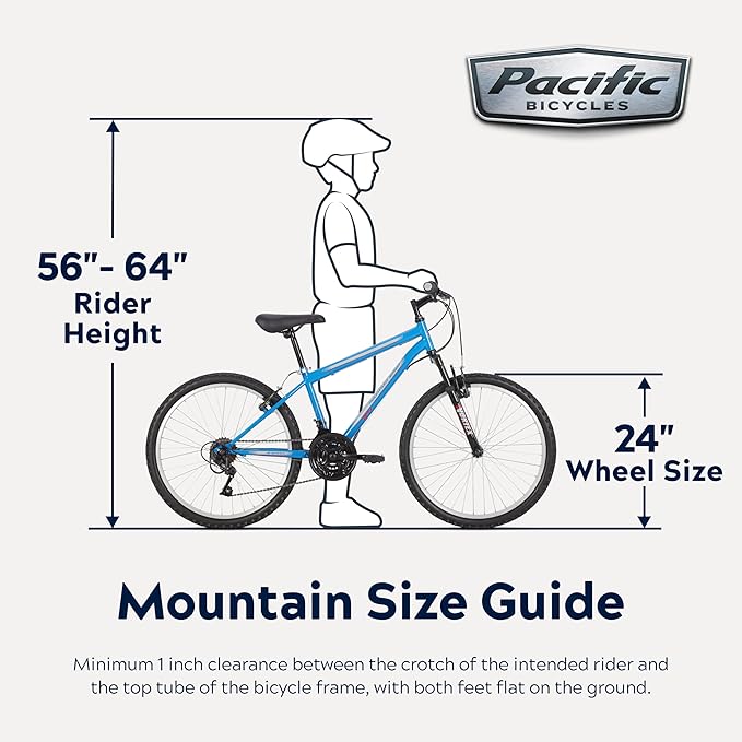 Pacific Mountain Sport Bike, 24 or 26 inch Mountain Bike for Youth and Adults, 18 Speed, Steel Frame, Knobby Tires, Front Suspension Fork, Twist Shifters, Linear Pull Brakes, Youth and Adult Bicycle