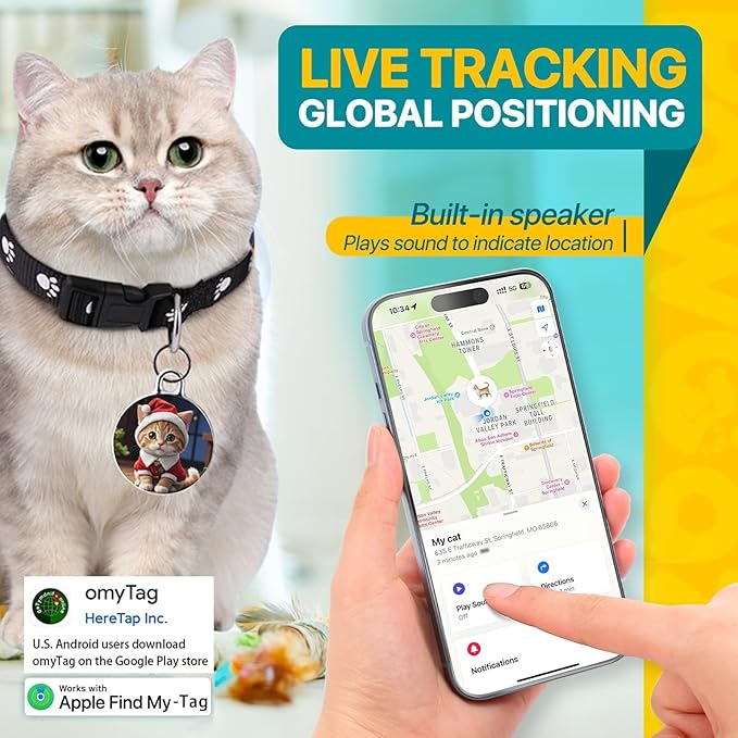 Christmas Cat Tracke Collar-GPS Tracker for Cats-Cat GPS Tracker-Pet Tracker| Android and iOS Universal | No Monthly Fee | Waterproof | Works with Any Collar